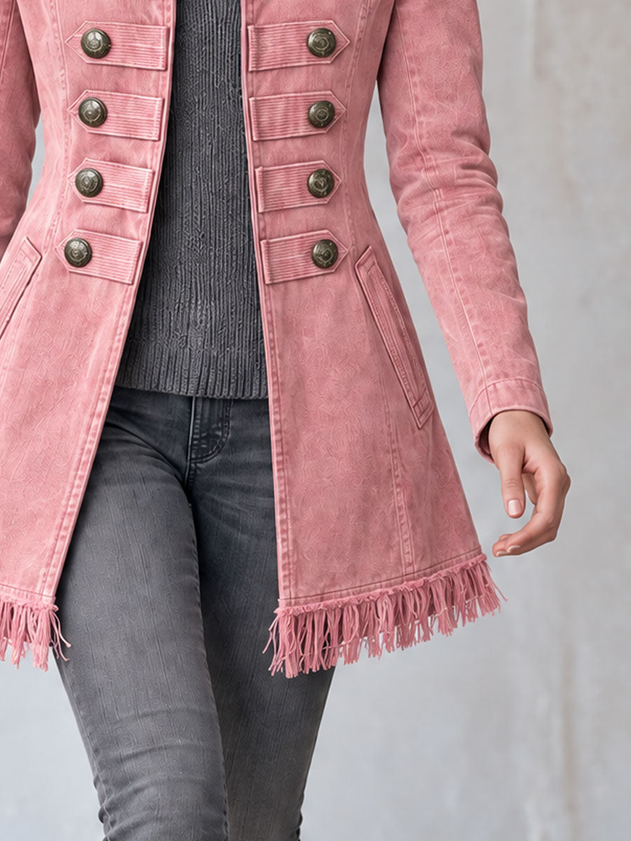 Retro Chic Tassel Pink Double-breasted Denim Coat