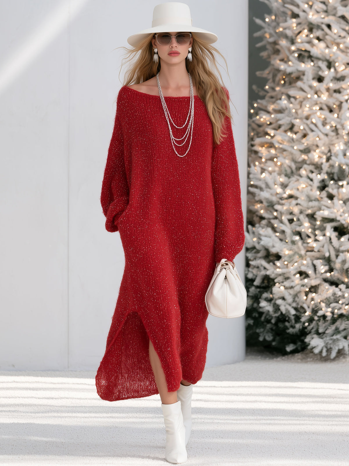 Fashionable Long-sleeved Boat Neck Silver-threaded Red Mohair Knit Midi Dress