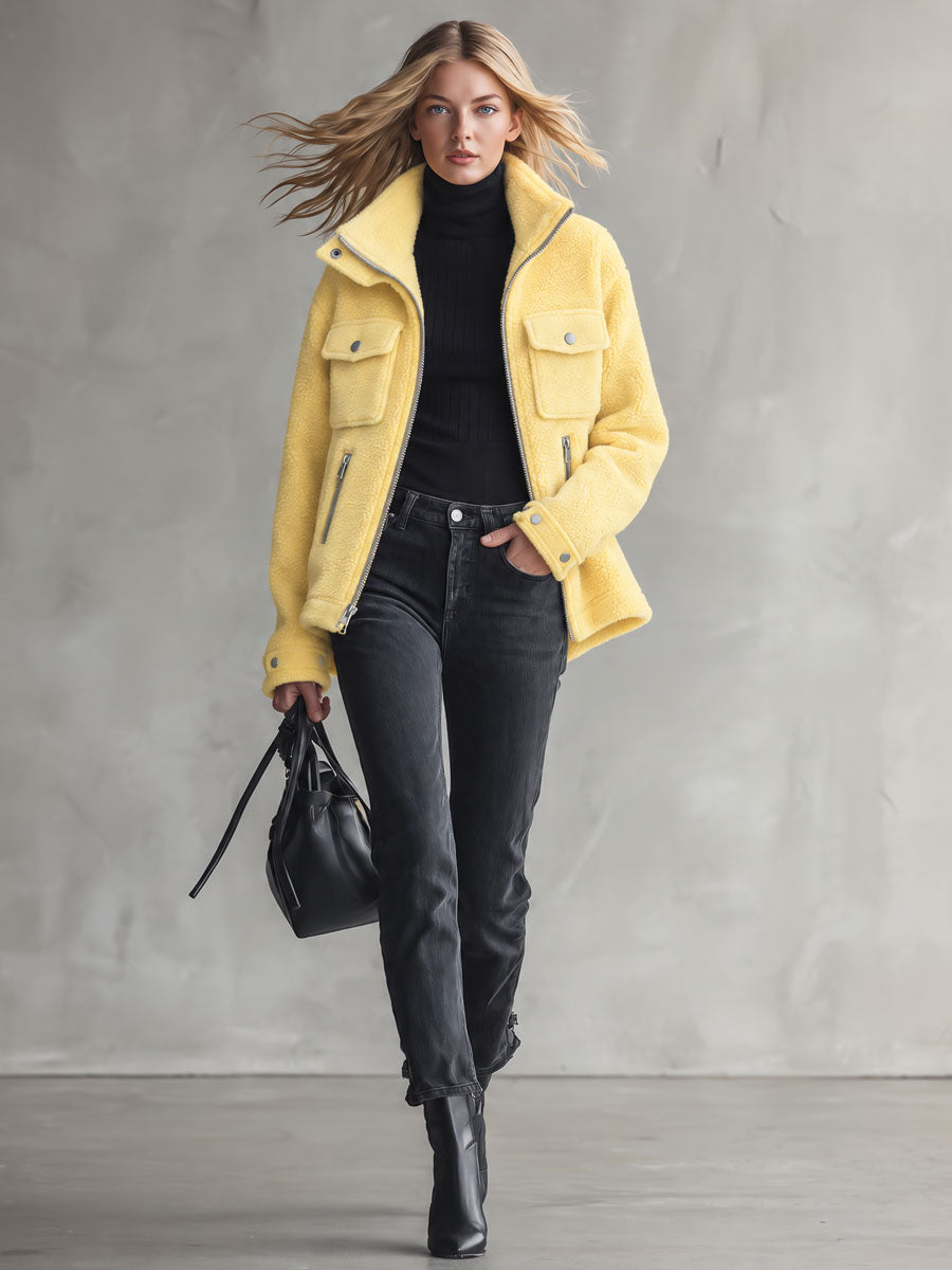 Retro Chic Yellow Pocket Zip-up Fleece Coat