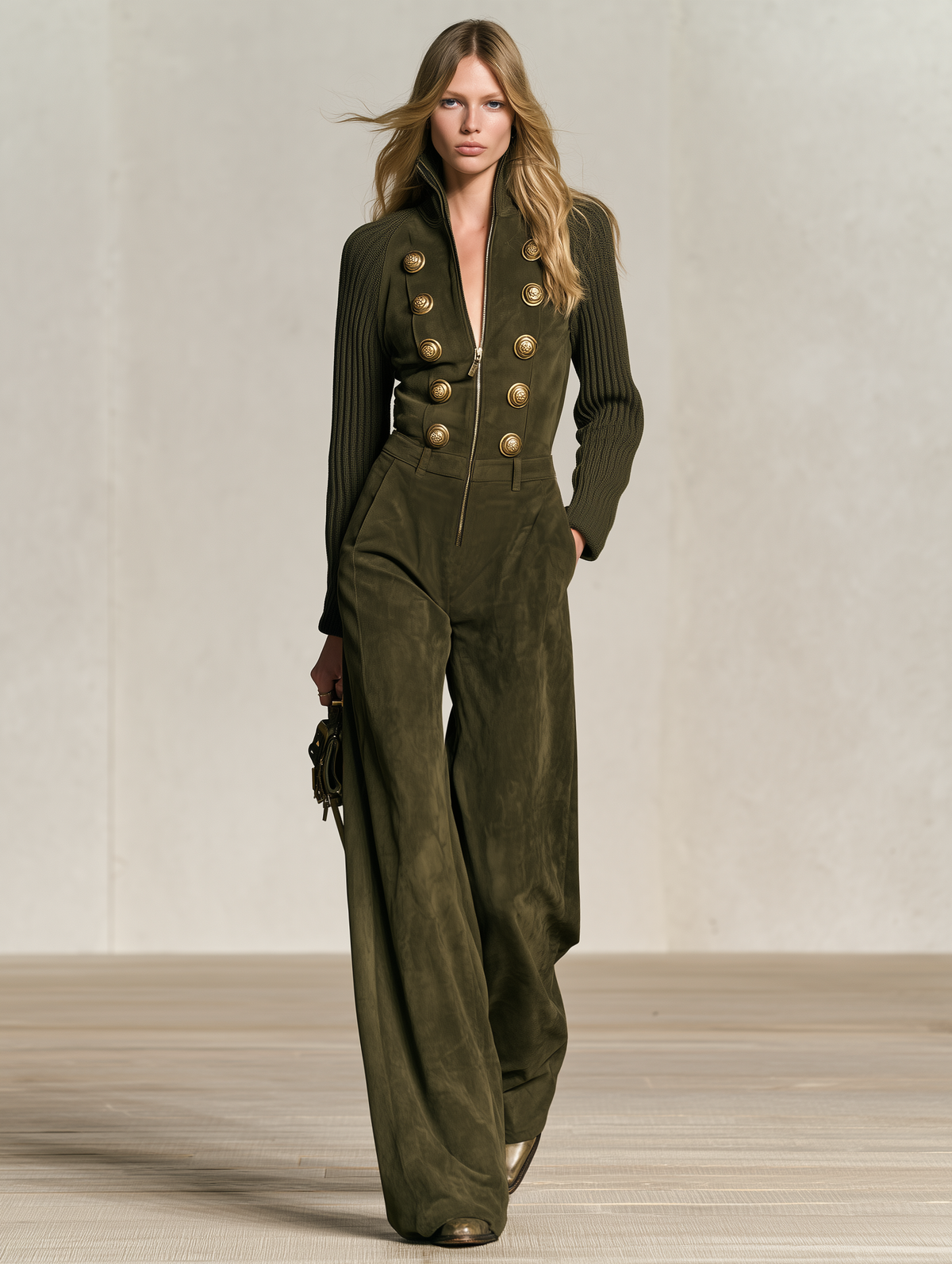 Retro-casual Elegant Faux-suede Jumpsuit With Raglan Knit Sleeves