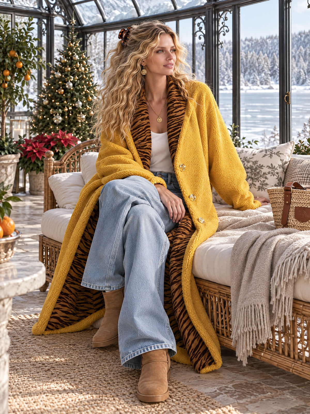 Stylish Retro Zebra Print Yellow Fleece Long Coat