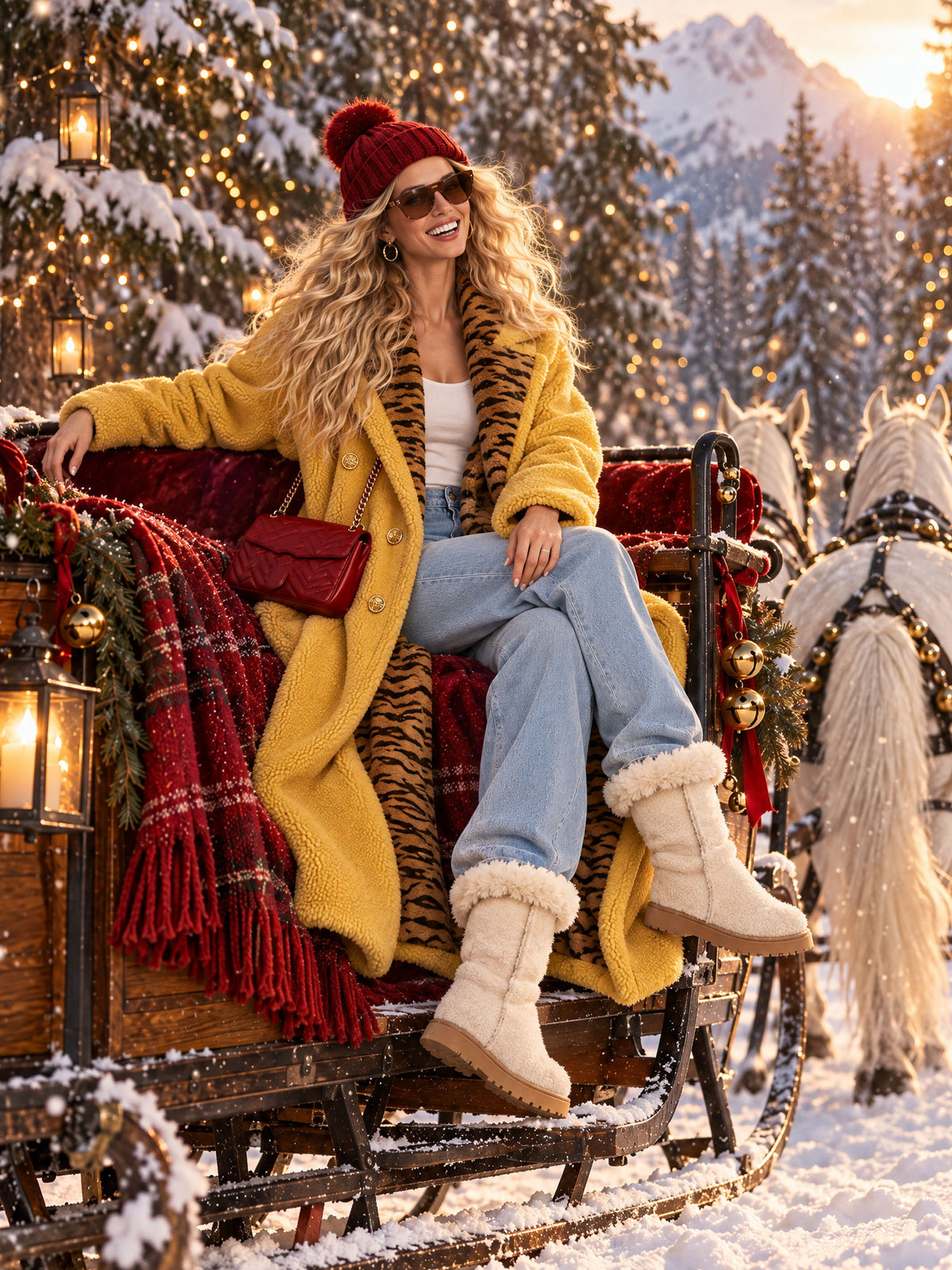 Stylish Retro Zebra Print Yellow Fleece Long Coat
