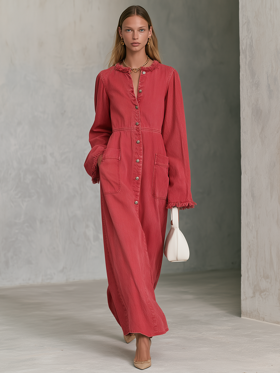 Washed Red Denim Maxi Shirt Dress With Frayed Trim