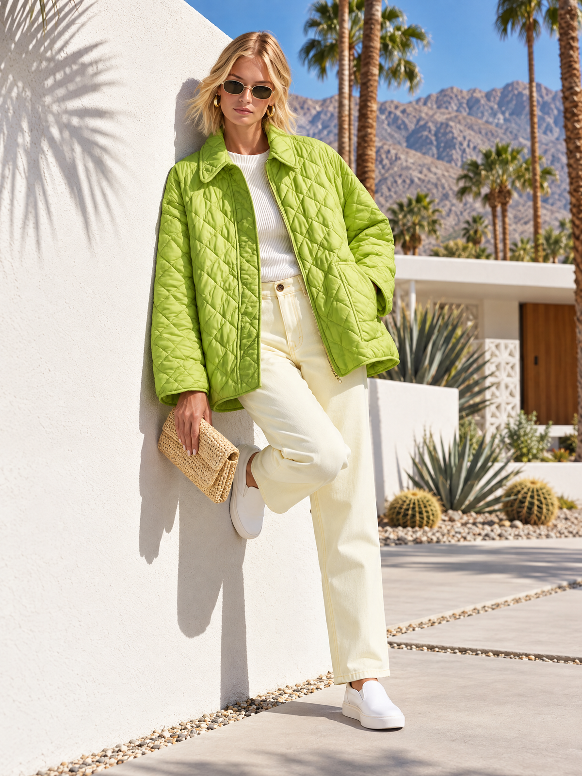 Casual Chic Oversized Lime Green Diamond Quilted Zip-Up Lightweight Jacket Women