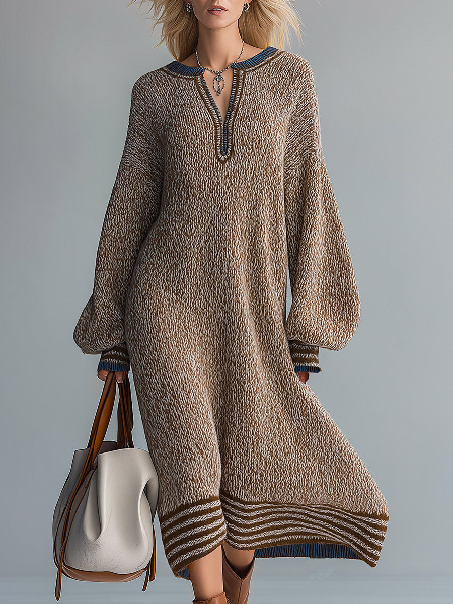 Oversized Striped-trim Marled Knit Sweater Midi Dress