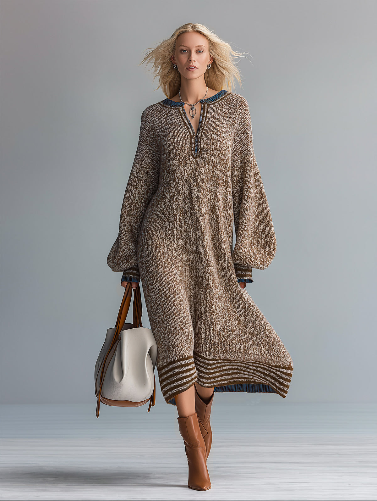 Oversized Striped-trim Marled Knit Sweater Midi Dress