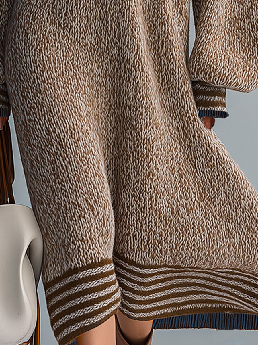 Oversized Striped-trim Marled Knit Sweater Midi Dress