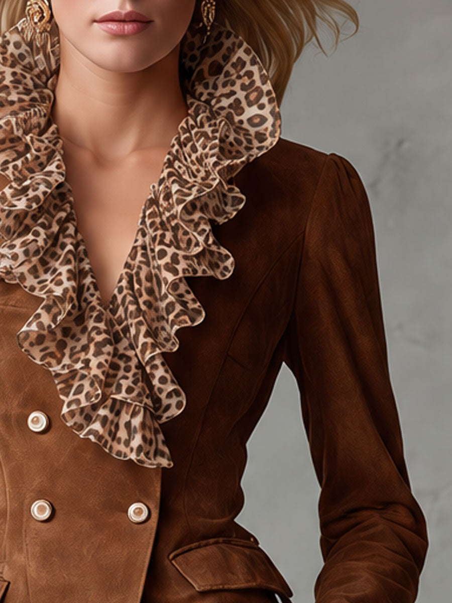 Retro Leopard Print Ruffled Collar Brown Faux Suede Jacket