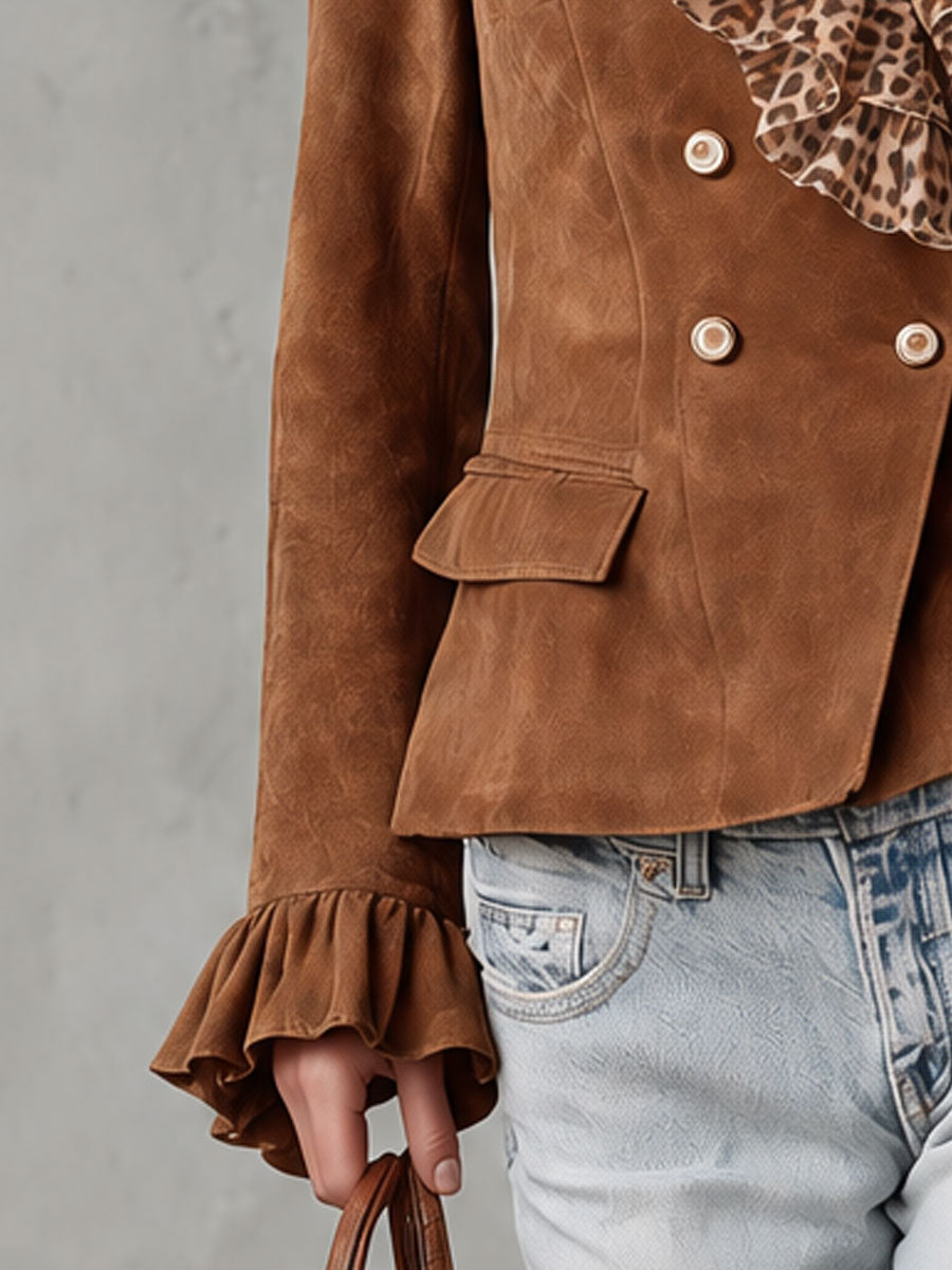 Retro Leopard Print Ruffled Collar Brown Faux Suede Jacket
