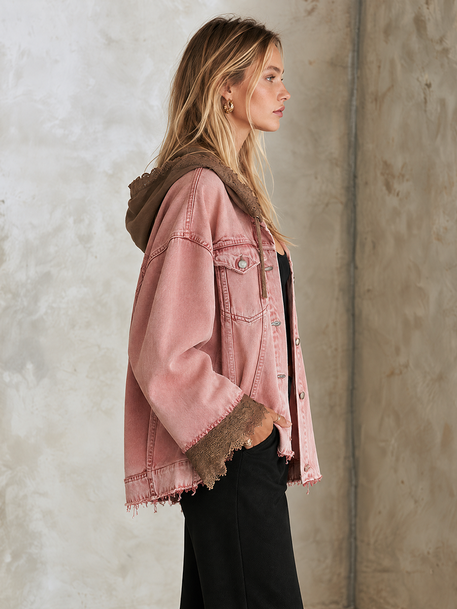 Oversized Washed Pink Hooded Denim Jacket With Frayed Lace Trim