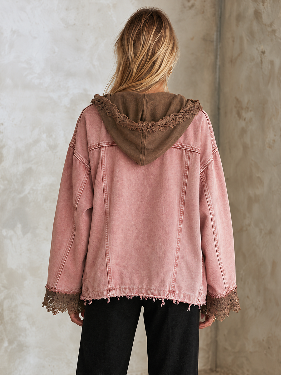Oversized Washed Pink Hooded Denim Jacket With Frayed Lace Trim