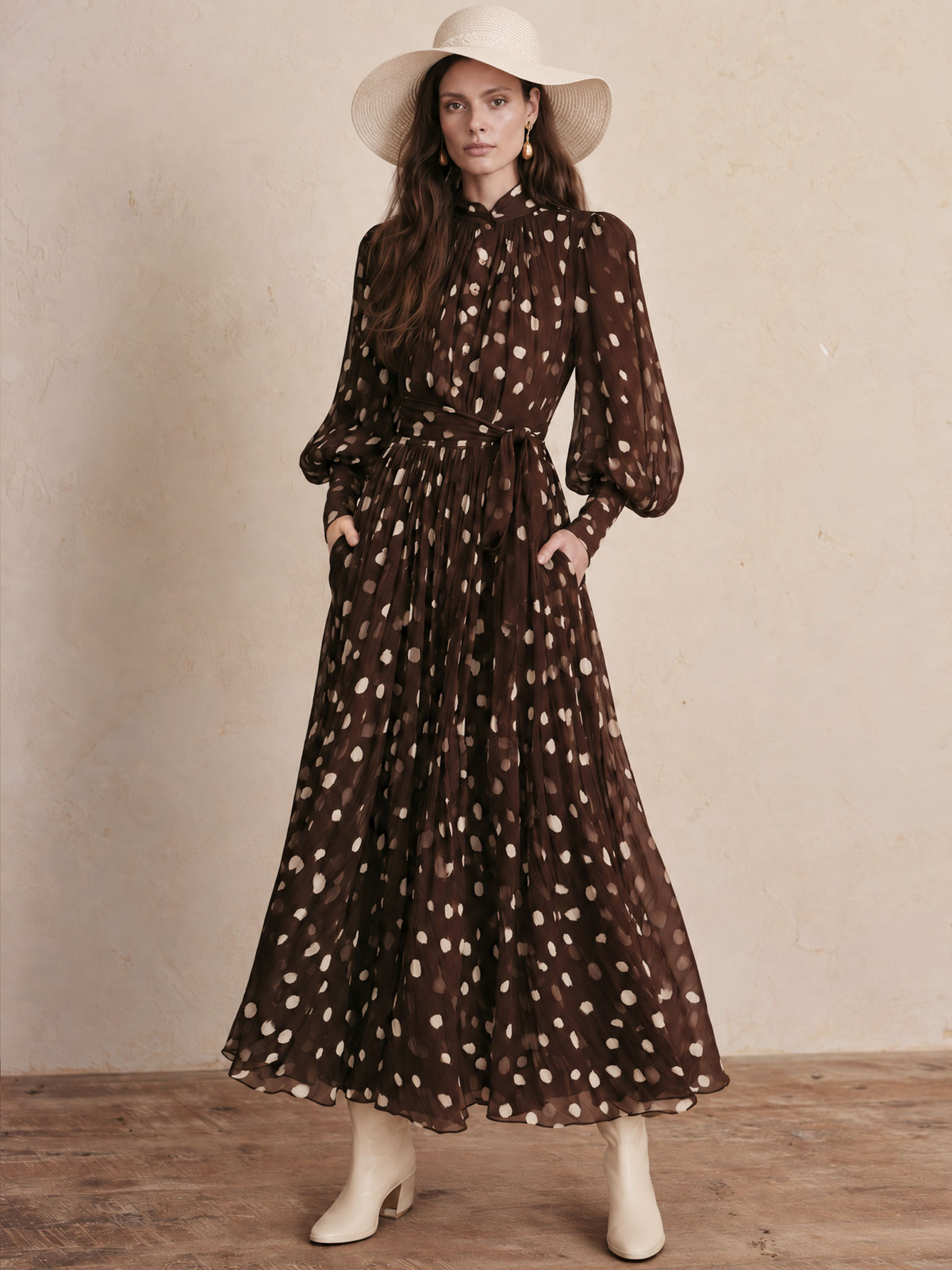 Retro Polka Dot Brown Chiffon Tie-waist Long-sleeved Maxi Dress