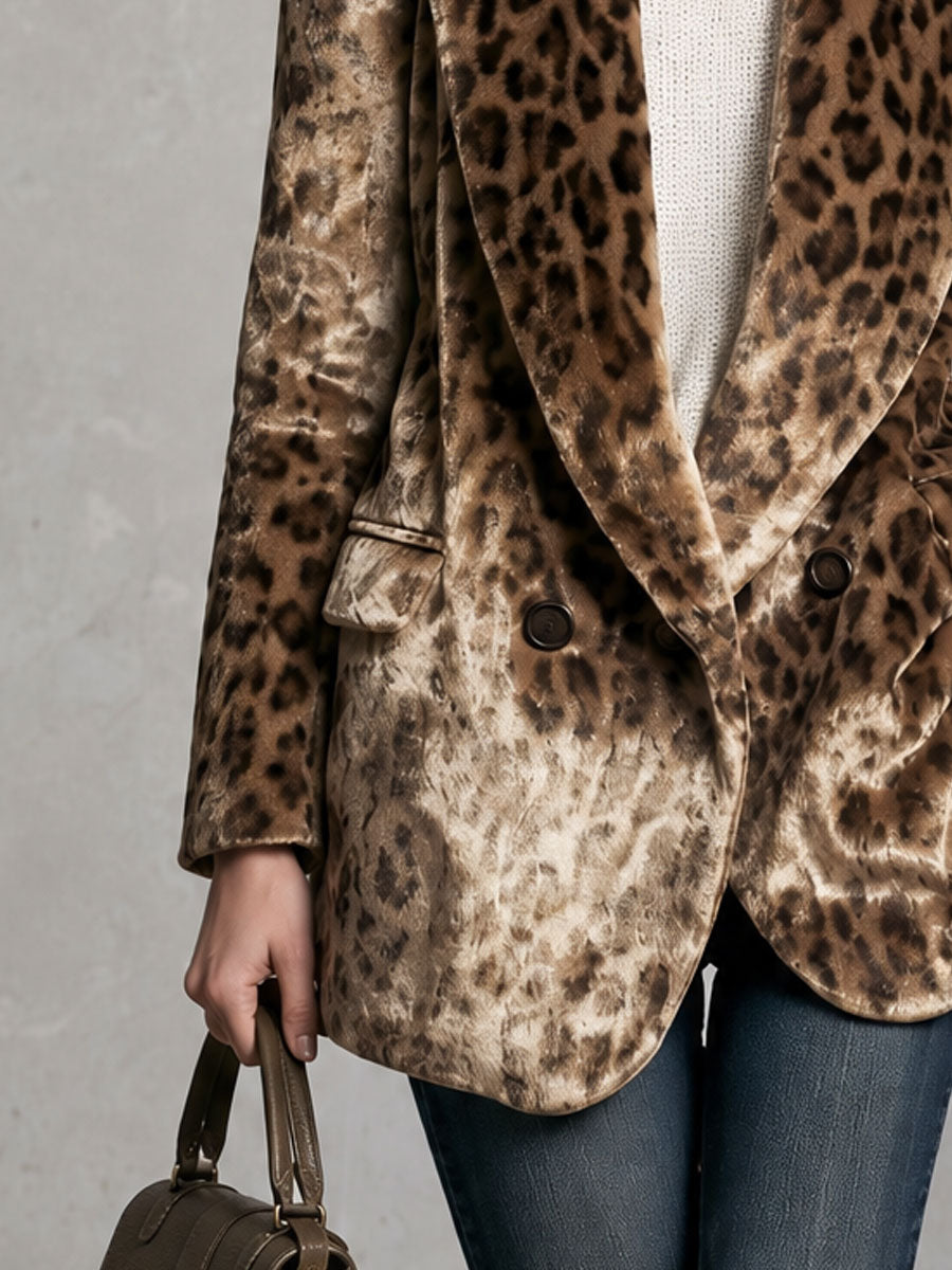 Retro Elegant Brown Leopard-Print Velvet Double-Breasted Peak-Lapel Blazer
