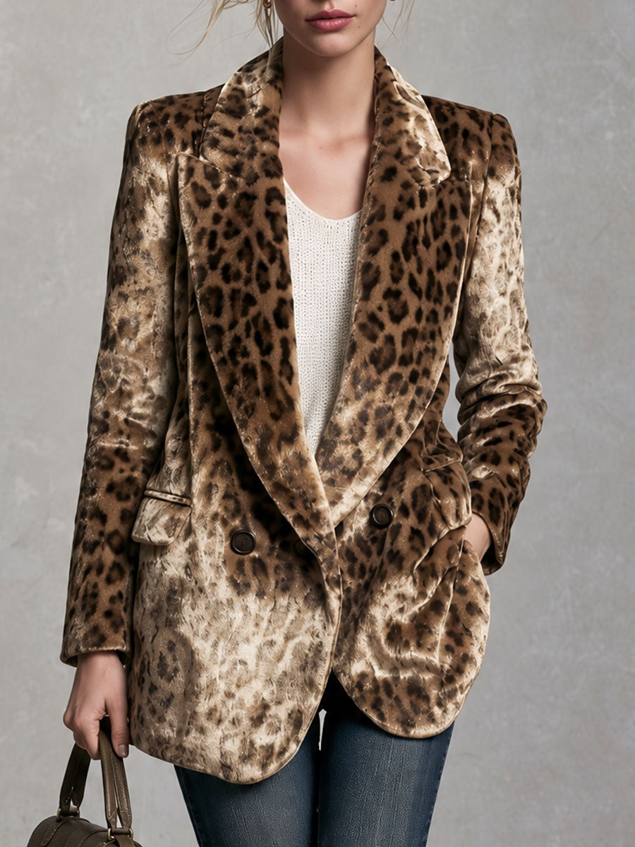 Retro Elegant Brown Leopard-Print Velvet Double-Breasted Peak-Lapel Blazer