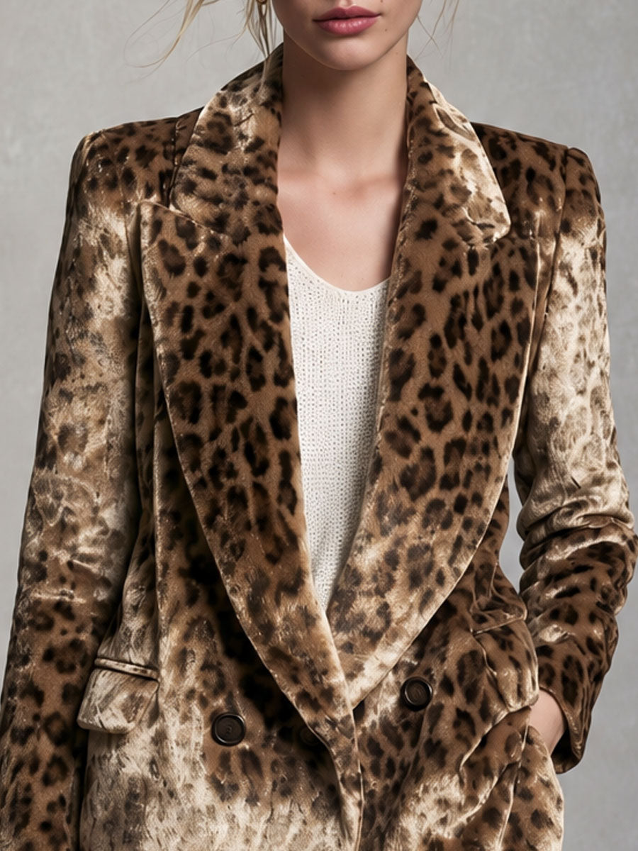 Retro Elegant Brown Leopard-Print Velvet Double-Breasted Peak-Lapel Blazer