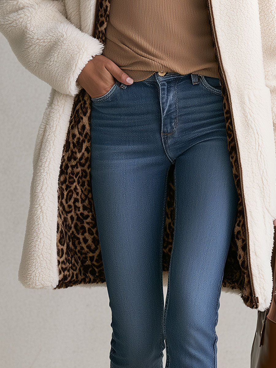 Casual And Stylish Velvet Leopard Print White Fleece Zip-up Mid-length Coat