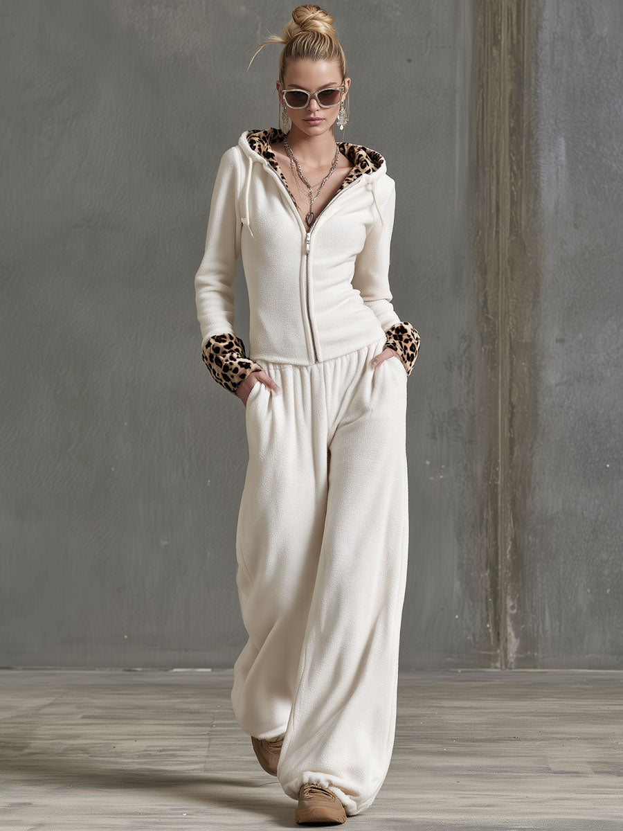 Casual And Stylish Velvet Leopard Print White Fleece Hooded Sweatshirt And Pants Set