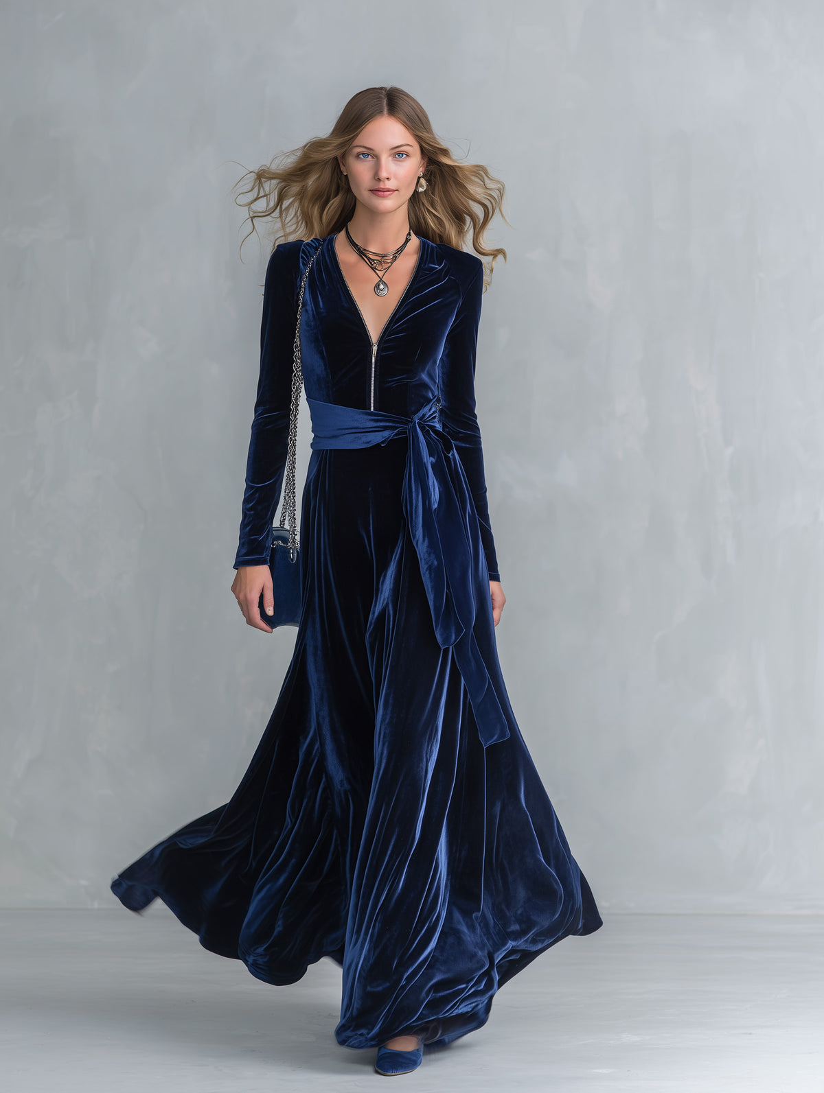 Minimalist Sophisticated Deep Blue Belted V-neck Maxi Dress