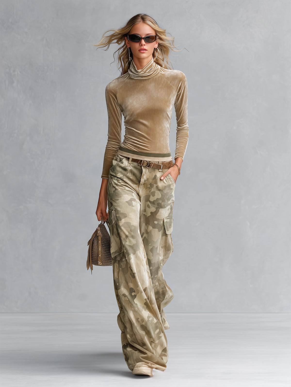 Retro Casual Khaki Camouflage Cargo Velour Pants