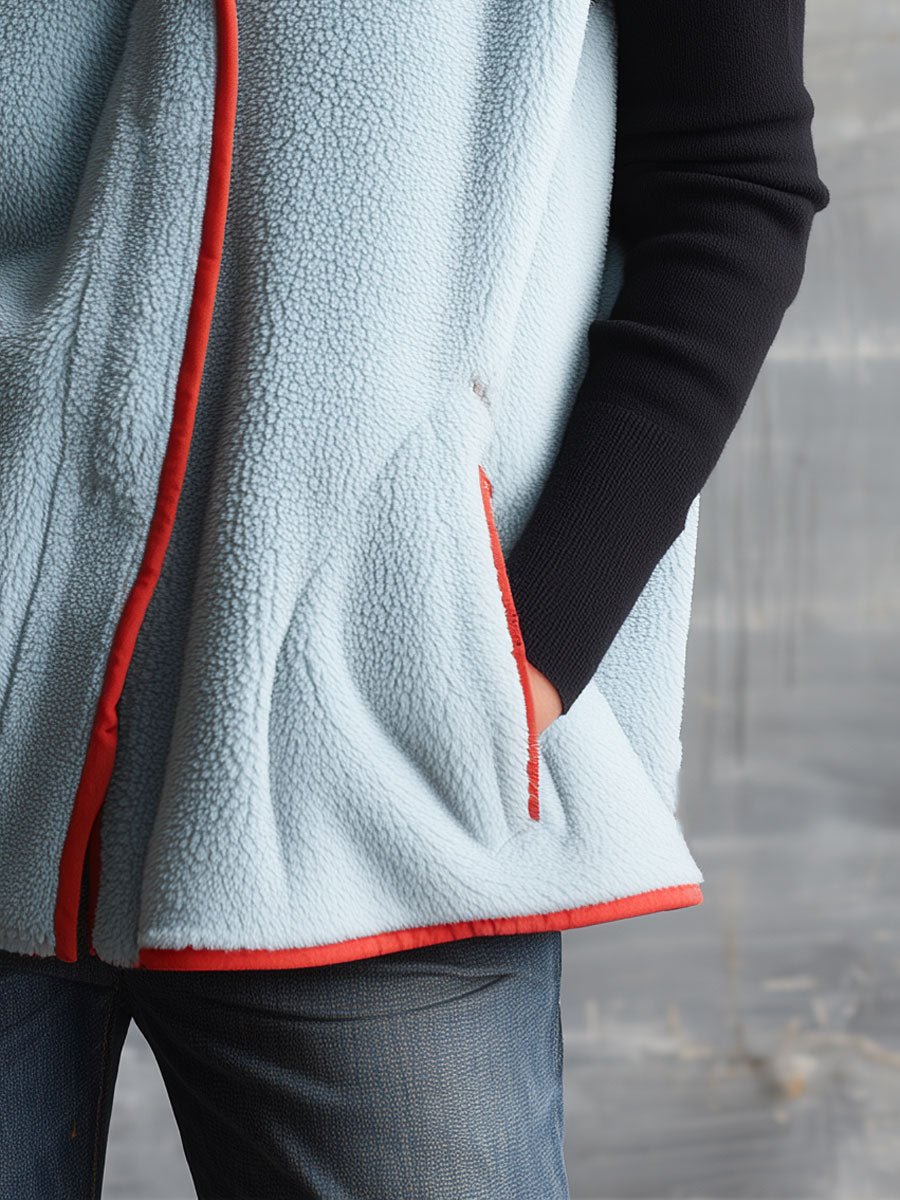 Retro Casual Light Blue Fleece Color-blocked High-neck Zip-up Vest