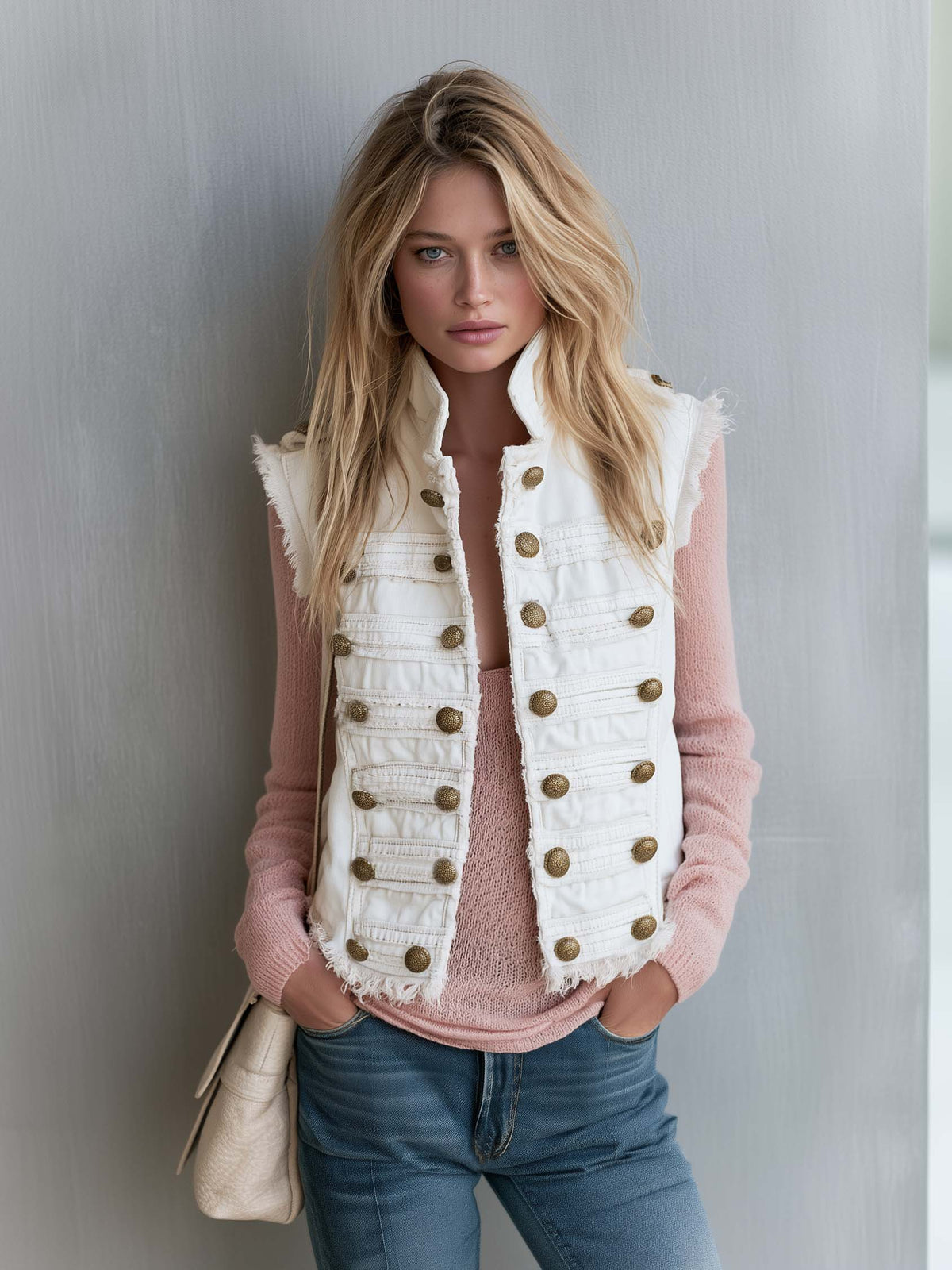 Vintage Military Band White Denim Vest Women Brass Button Frayed Sleeveless Jacket