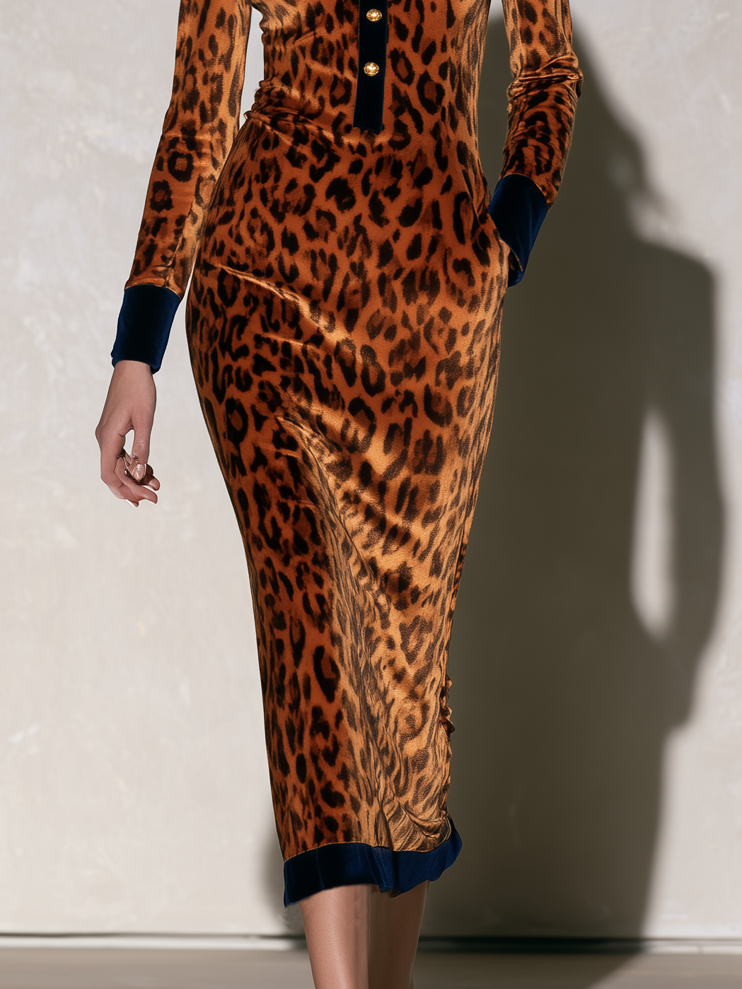 Retro Western Leopard Print Velvet Midi Dress With Gold Buttons Contrast Trim