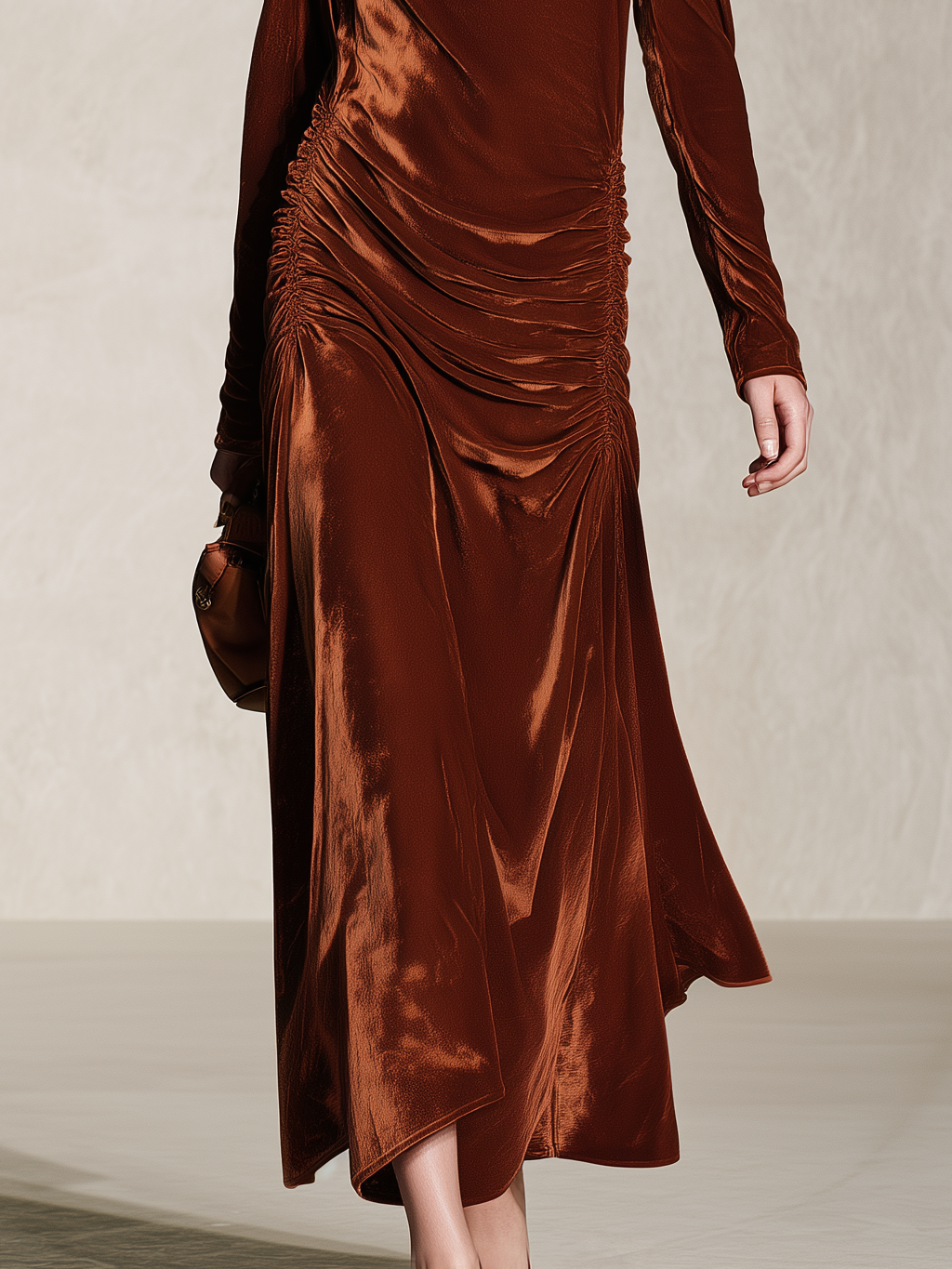 Retro Elegant Rust Velvet Cowl Neck Tie-Shoulder Ruched Maxi Dress