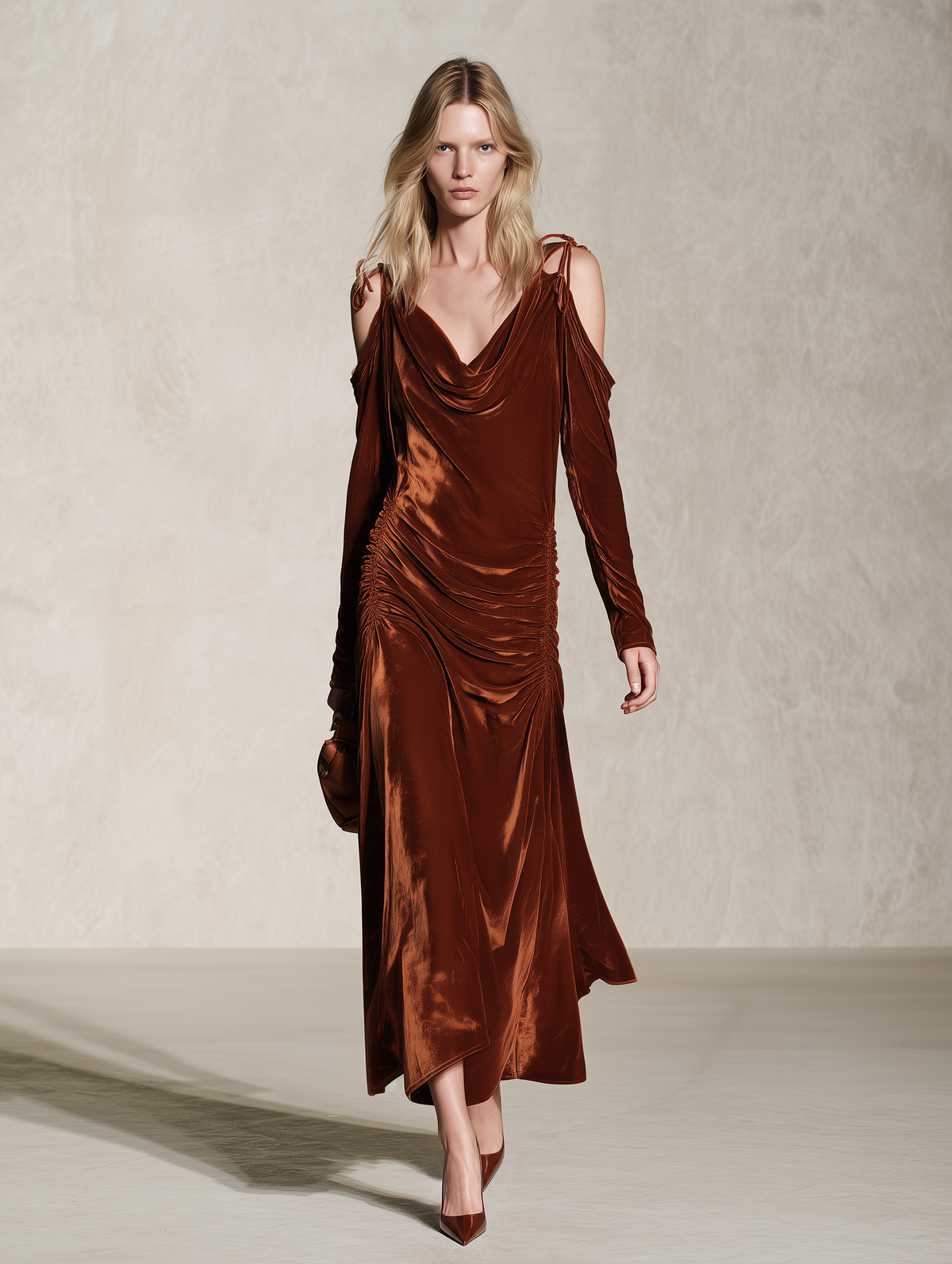 Retro Elegant Rust Velvet Cowl Neck Tie-Shoulder Ruched Maxi Dress