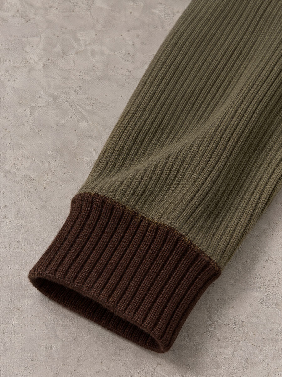 Retro Color-blocked Knit Olive Green Slit Midi Dress