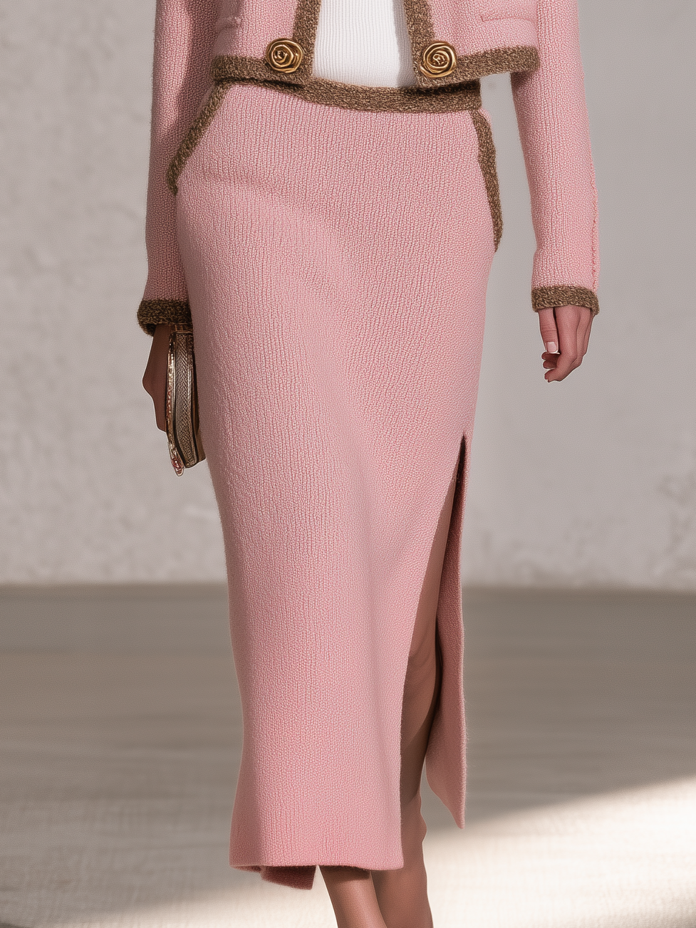 Retro Elegant Pink Contrast-Trim Knit Jacket And Slit Midi Skirt Set