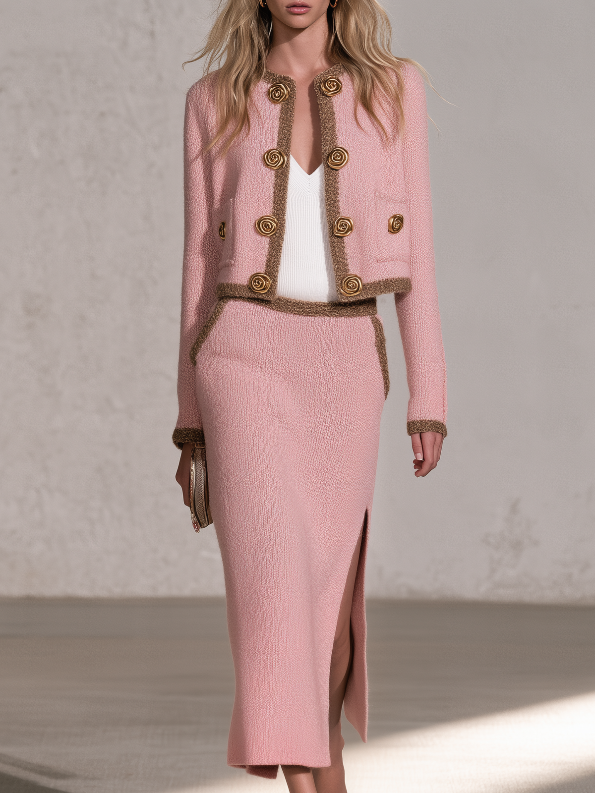 Retro Elegant Pink Contrast-Trim Knit Jacket And Slit Midi Skirt Set