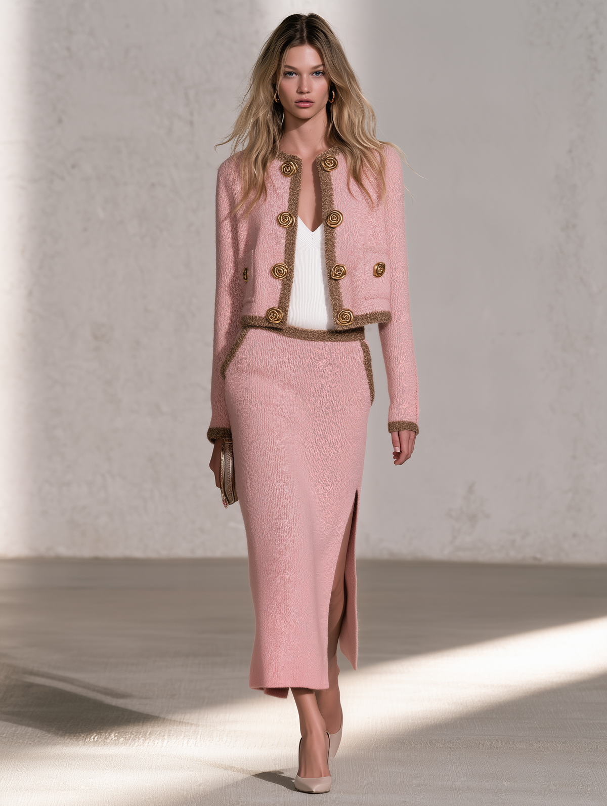 Retro Elegant Pink Contrast-Trim Knit Jacket And Slit Midi Skirt Set