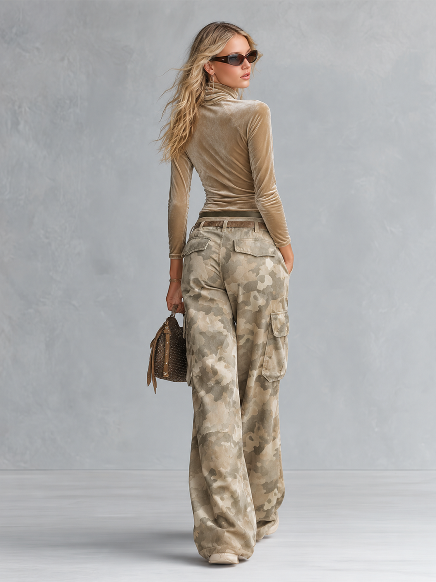 Retro Casual Khaki Camouflage Cargo Velour Pants