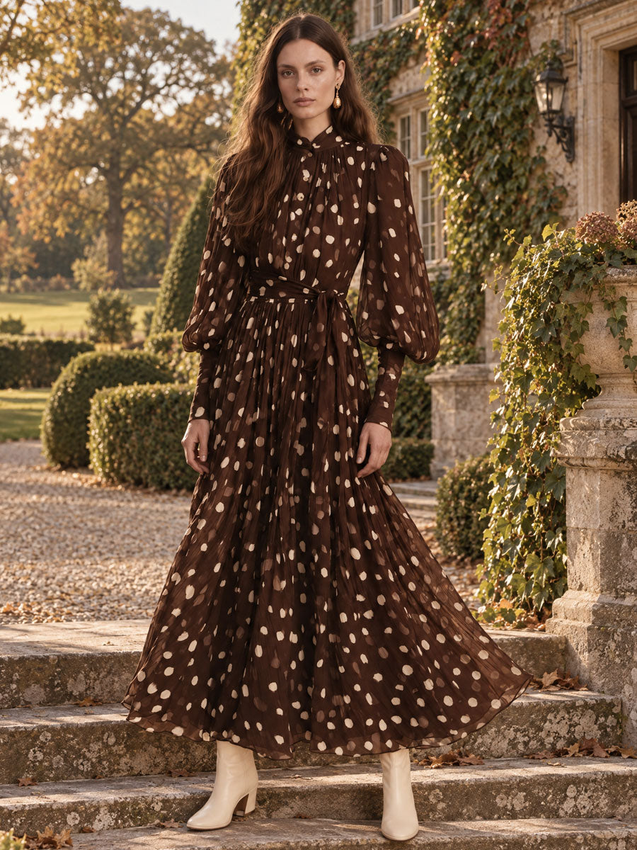 Retro Polka Dot Brown Chiffon Tie-waist Long-sleeved Maxi Dress