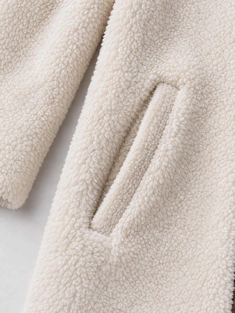 Casual And Stylish Velvet Leopard Print White Fleece Zip-up Mid-length Coat