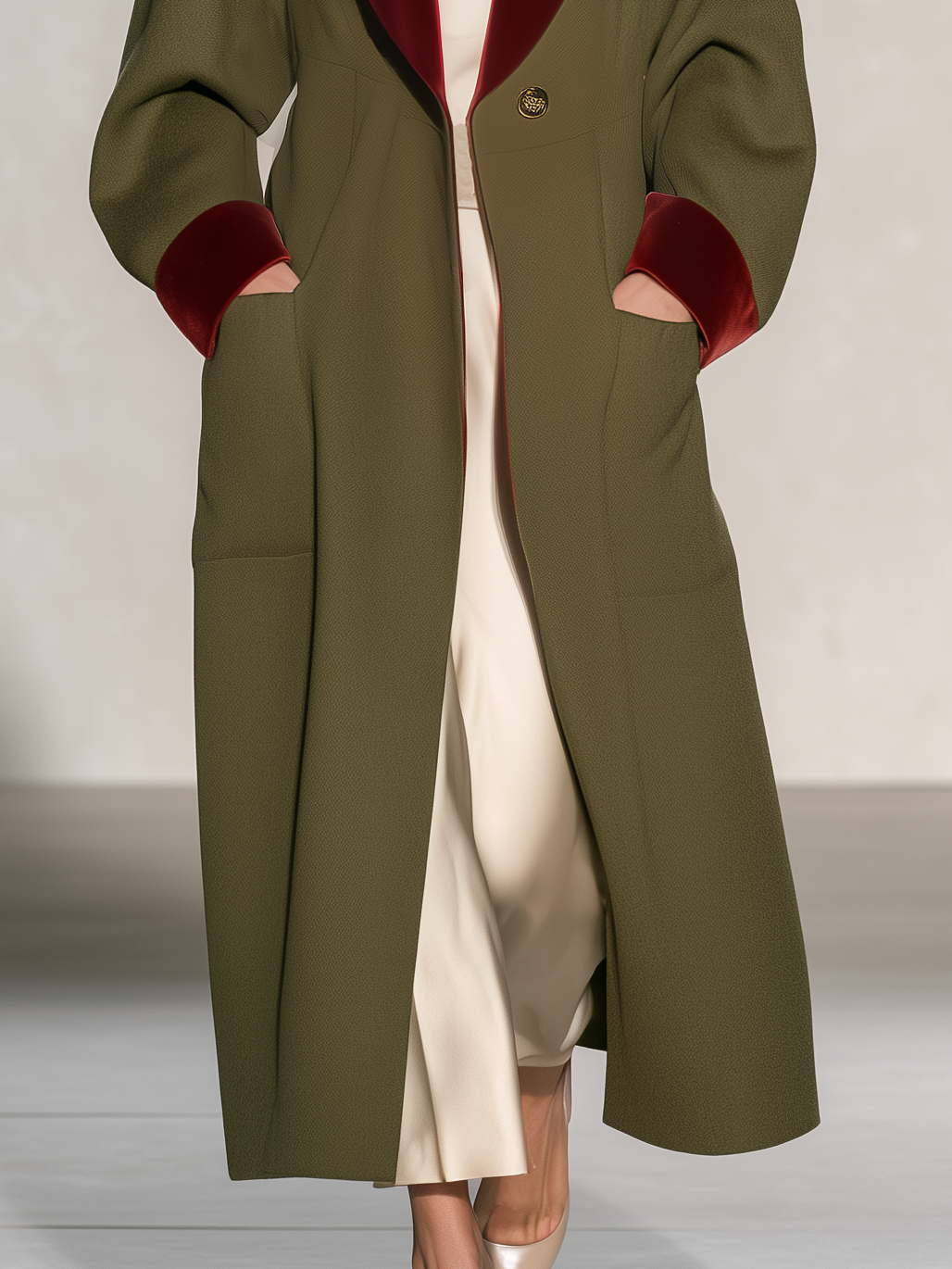 Retro Elegant Olive Tweed Long Coat With Burgundy Velvet Shawl Collar