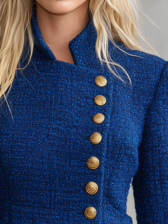 Retro Elegant Royal Blue Tweed Gold Button Stand Collar Tailored Jacket
