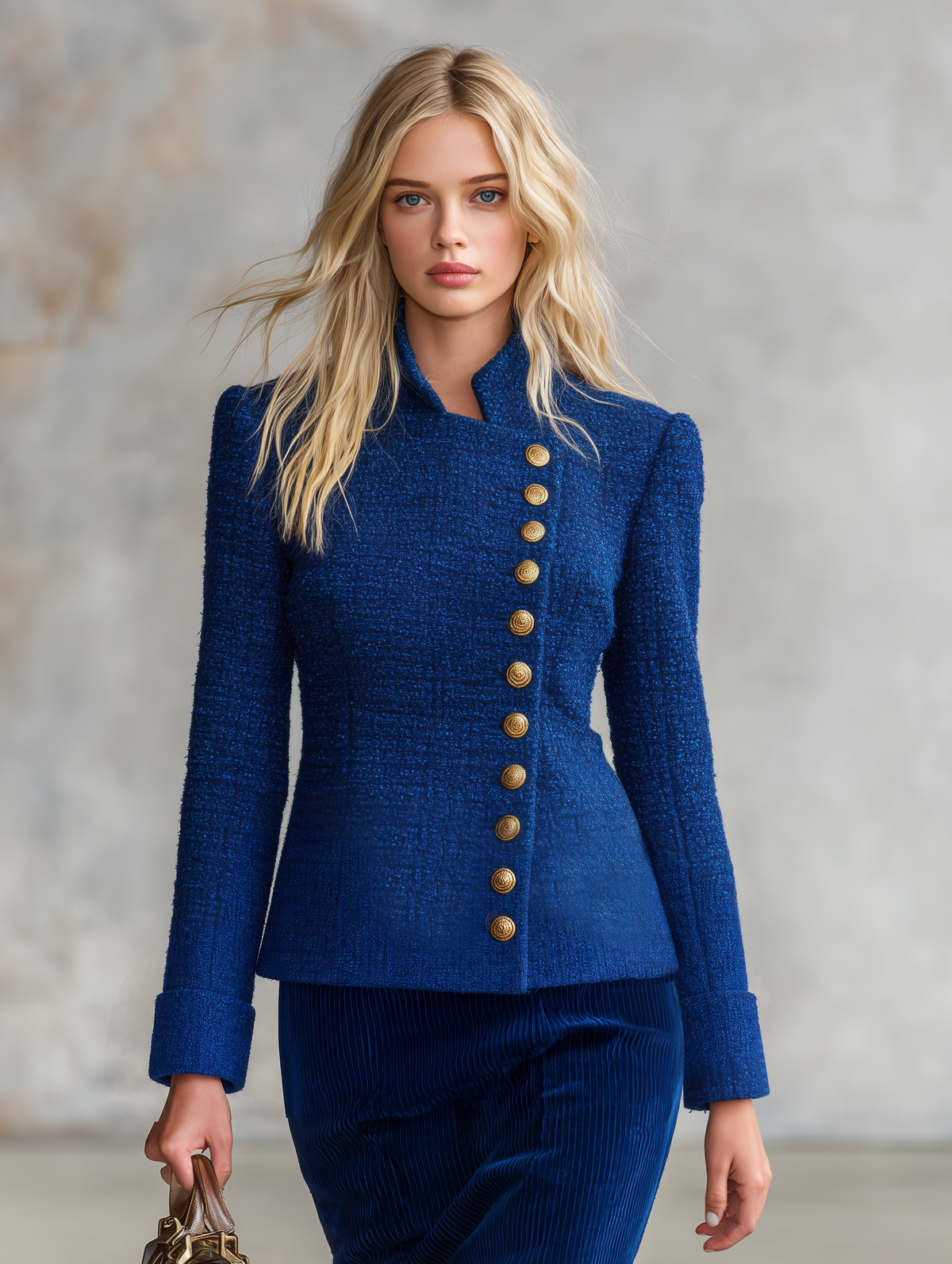 Retro Elegant Royal Blue Tweed Gold Button Stand Collar Tailored Jacket