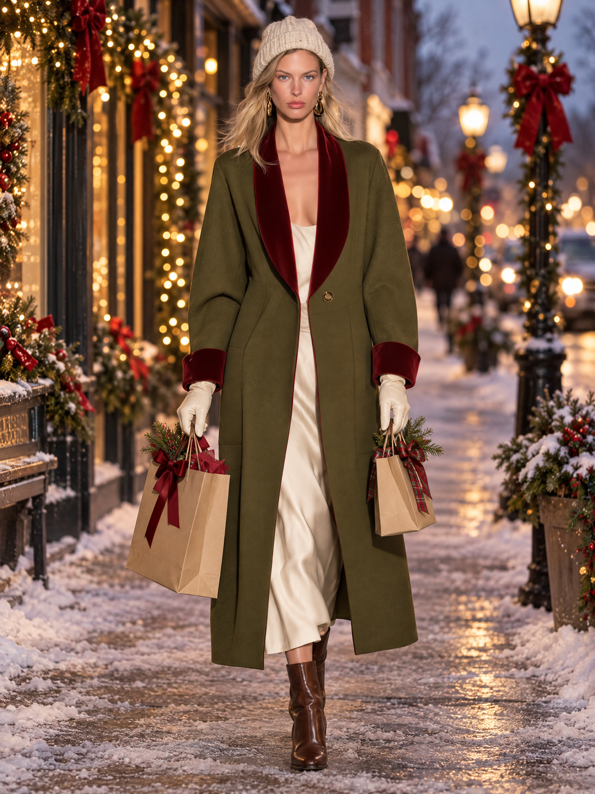 Retro Elegant Olive Tweed Long Coat With Burgundy Velvet Shawl Collar