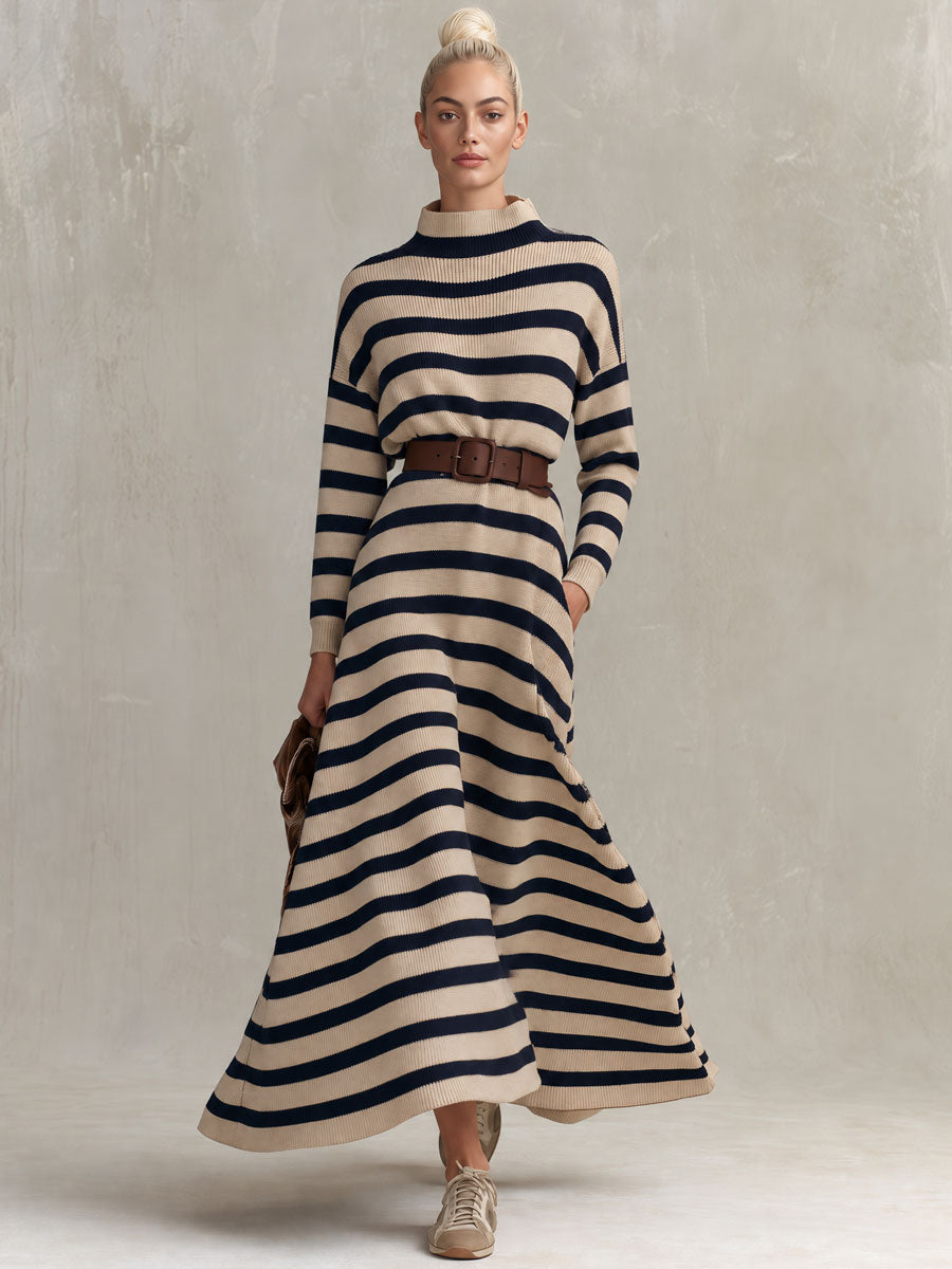 Retro Elegant Beige And Navy Striped Mock-Neck Belted Flared Knit Maxi Dress