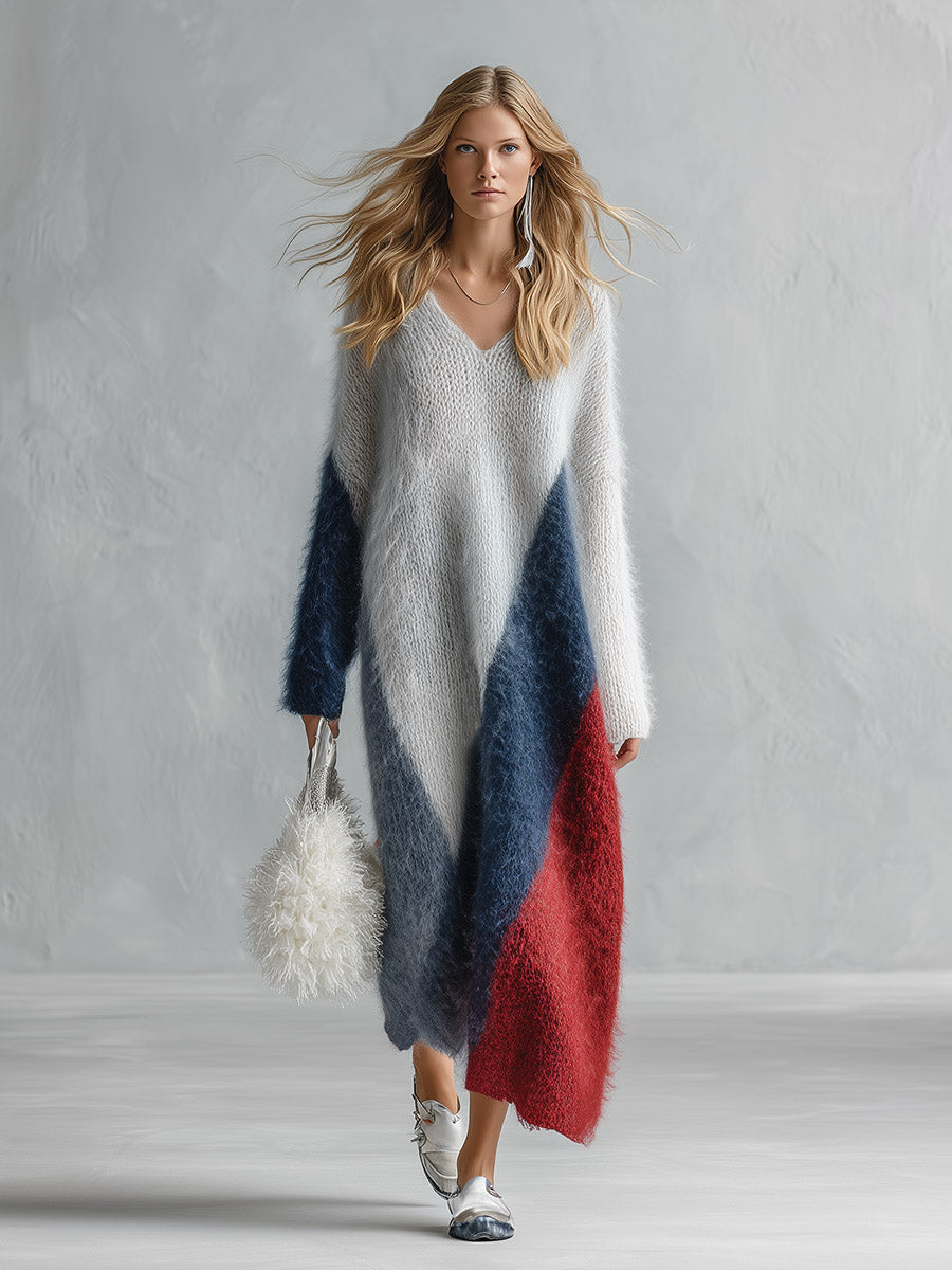 Chic Urban Color-Block Grey Long-Pile V-Neck Knit Maxi Dress