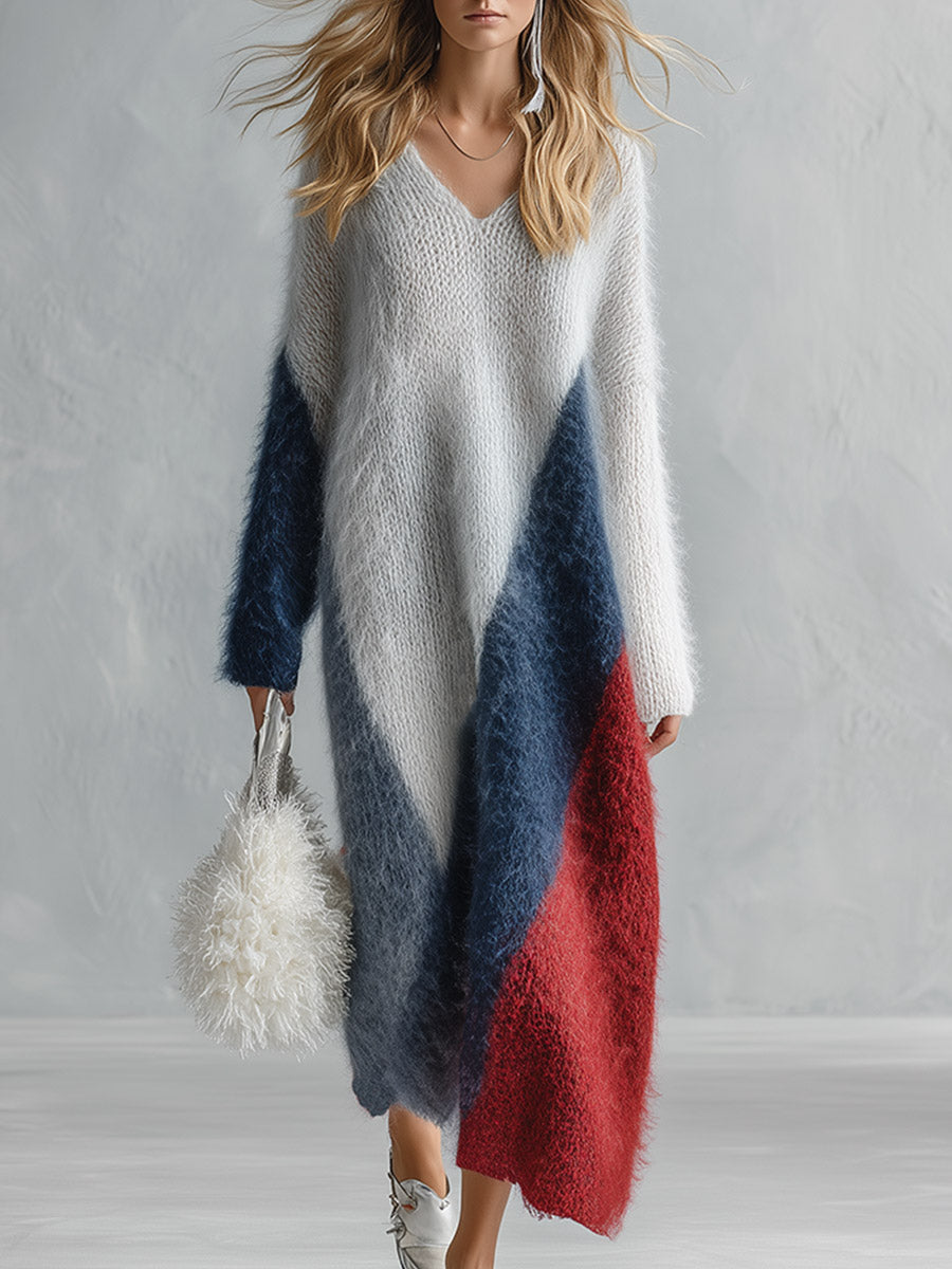 Chic Urban Color-Block Grey Long-Pile V-Neck Knit Maxi Dress