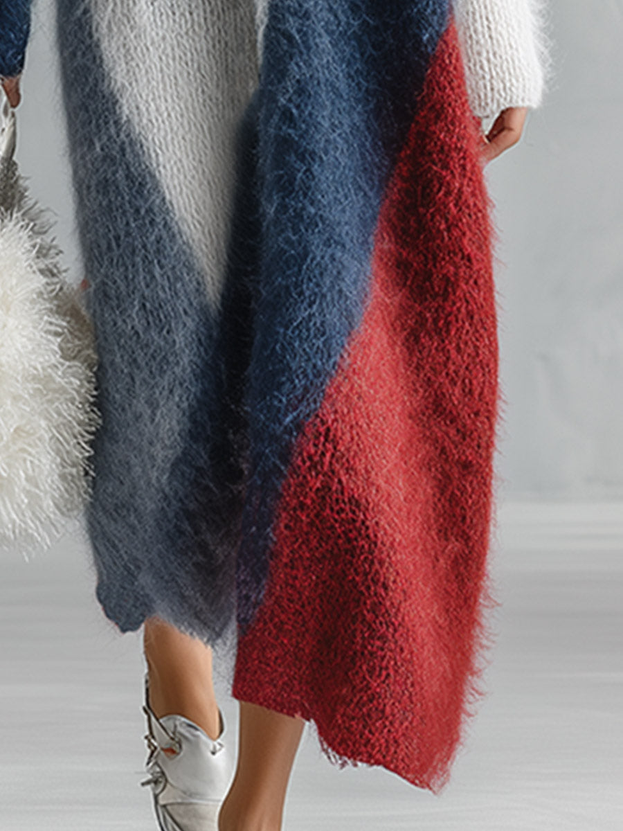 Chic Urban Color-Block Grey Long-Pile V-Neck Knit Maxi Dress