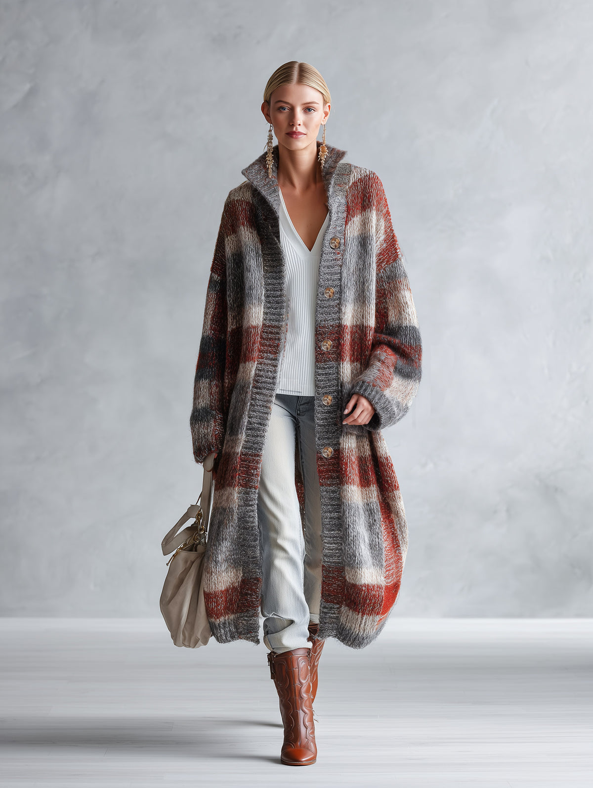 Retro Warm Plaid Knit Stand-Collar Long Cardigan
