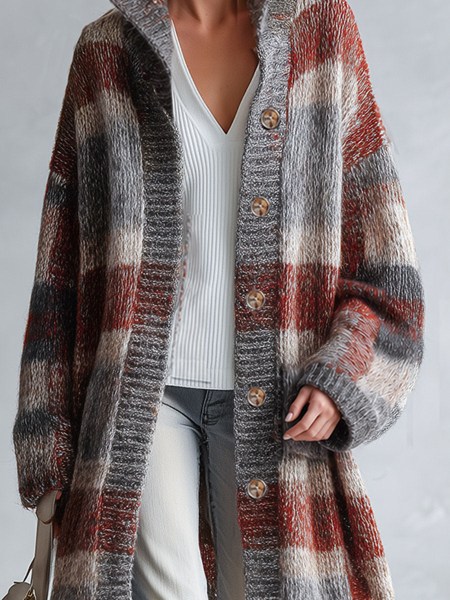 Retro Warm Plaid Knit Stand-Collar Long Cardigan