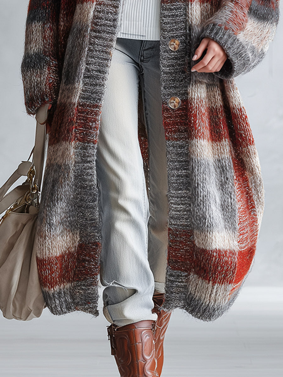 Retro Warm Plaid Knit Stand-Collar Long Cardigan