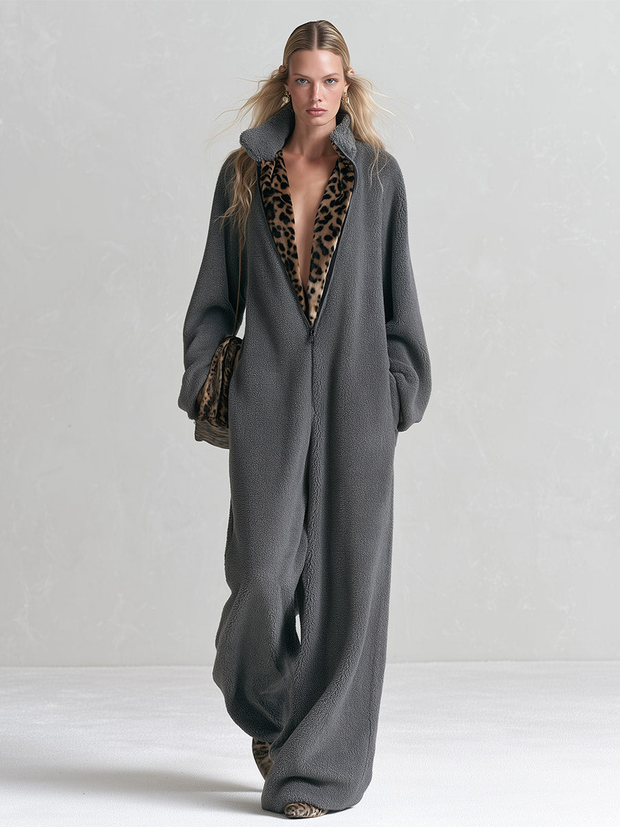 Chic Casual Leopard-Print Trim Grey Fleece Jumpsuit