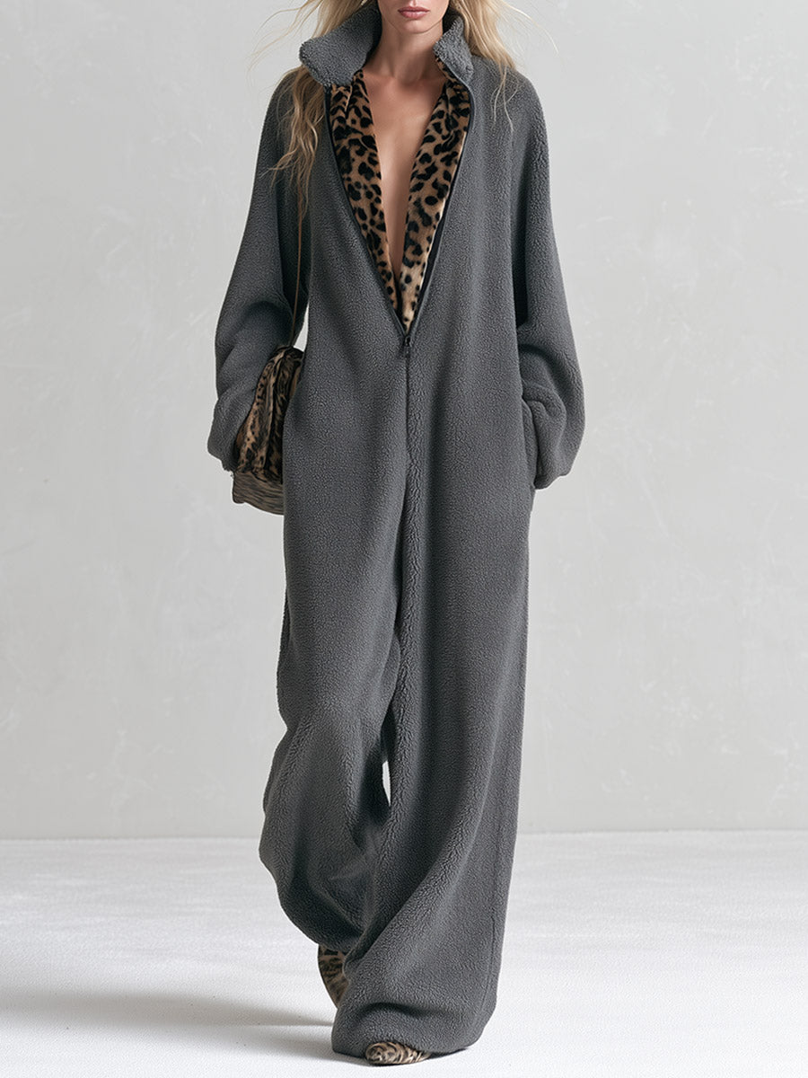 Chic Casual Leopard-Print Trim Grey Fleece Jumpsuit