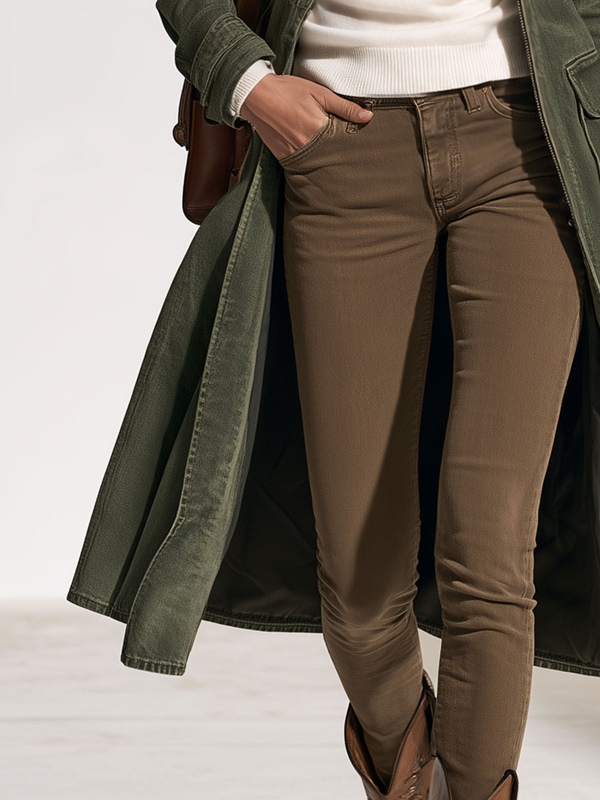 Casual Retro Faux Fur Collar Zipper Washed Gray-green Denim Long Coat