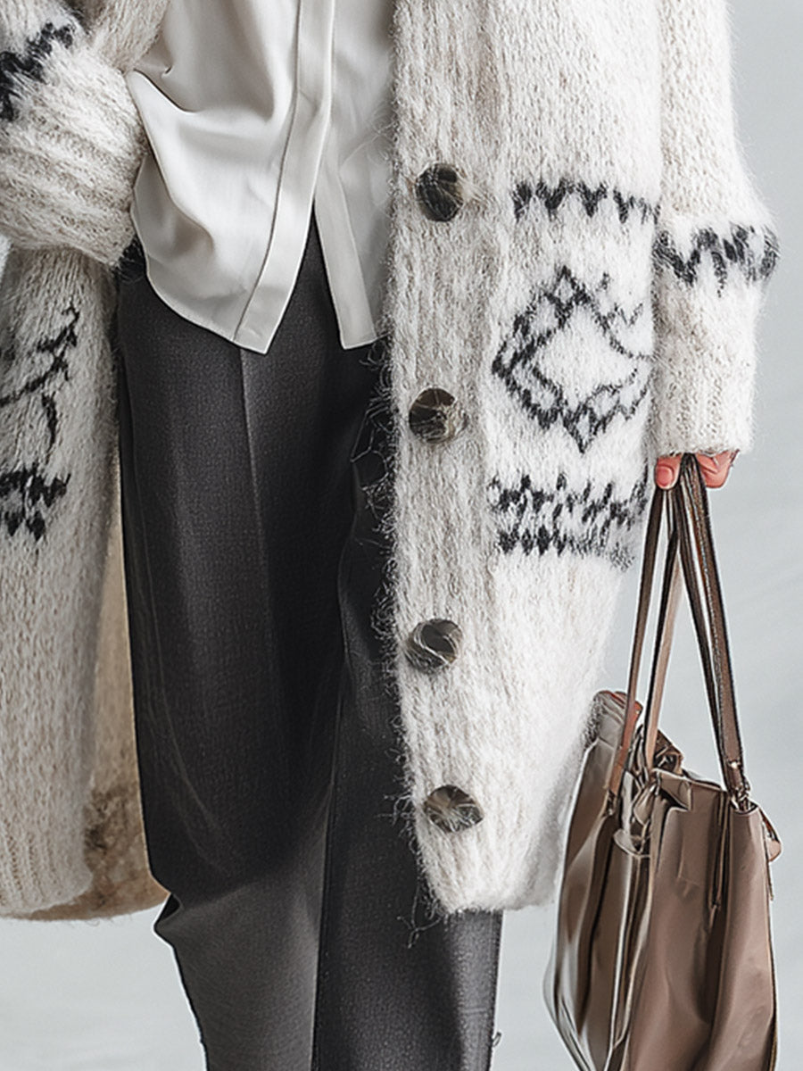 Stylish And Warm White Geometric-Pattern Knit Cardigan